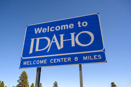 Welcome to Idaho Sin against blue skyの写真素材