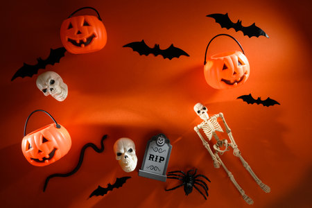 Assorted halloween items. Toys, jack-o-lantern buckets, skeletons, skulls, spiders, bats an snakesの写真素材