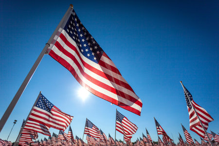 Large Group of American Flags with sun behind and blue skyの写真素材