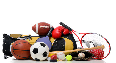 Large group of sports equipment on a white backgroundの写真素材