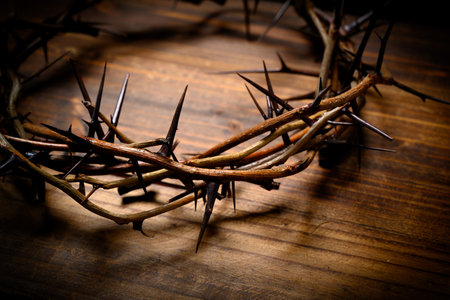 Crown of thorns on wooden plank backgroundの写真素材