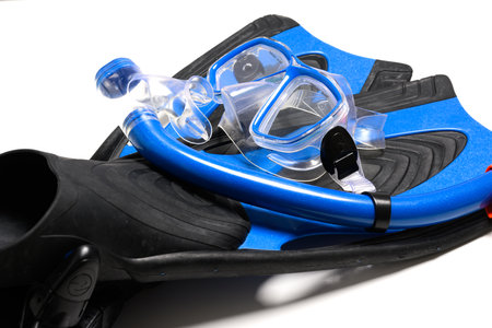 A set of snorkeling gear on white backgroundの写真素材