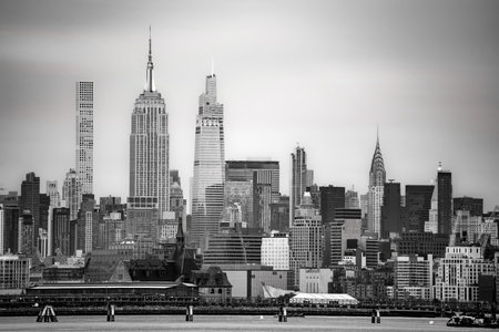 New York City, Manhattan skyline from Liberty Park New Jersey. Empire State Building, Vanderbilt tower, Chrysler building, Hudson Riverの写真素材