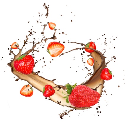 Strawberries in chocolate splash, isolated on white background の写真素材