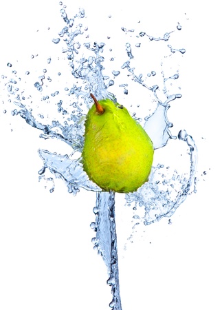 Fresh pear with water splashing, isolated on white background の写真素材