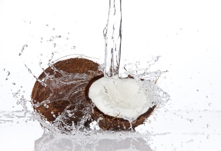 Fresh coconuts in water splash, isolated on white backgroundの写真素材