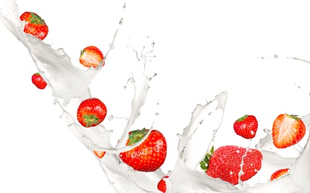 Strawberries in milk splash, isolated on white backgroundの写真素材