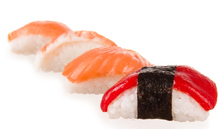 Sushi pieces on white backgroundの写真素材