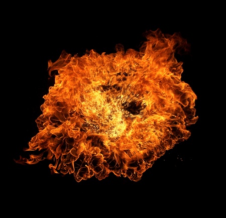 Fire flame isolated on black backgroundの写真素材