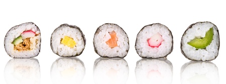 Sushi pieces collection, isolated on white backgroundの写真素材