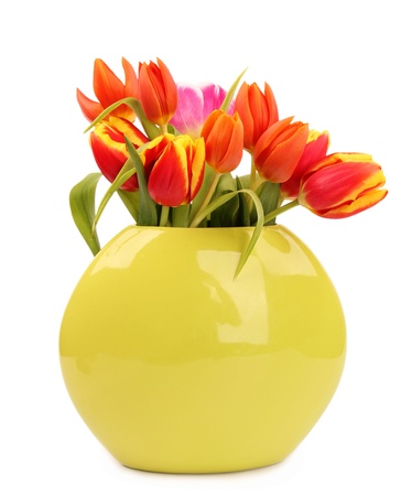 BOuquet of fresh tulips in vase, isolated on white background の写真素材