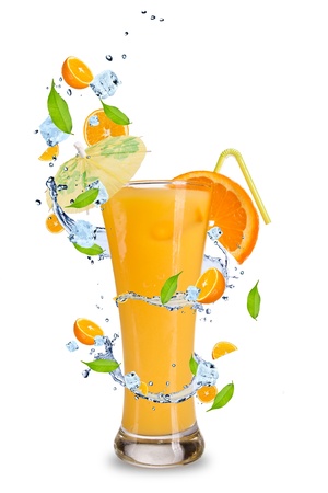 Fresh orange cocktail with splash around, isoalated on white backgroundの写真素材