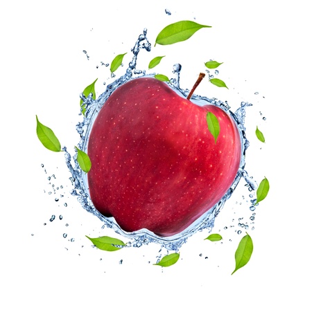 Red apple in water splash, isolated on white backgroundの写真素材