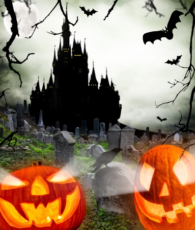  Spooky halloween pumpkins with castle silhouette on backgroundの写真素材