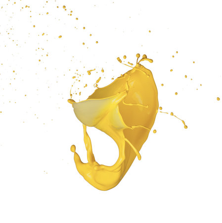 Isolated shot of yellow paint splash on white backgroundの写真素材