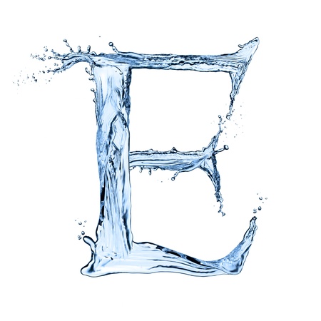 Water splashes letter "E" isolated on black backgroundの写真素材
