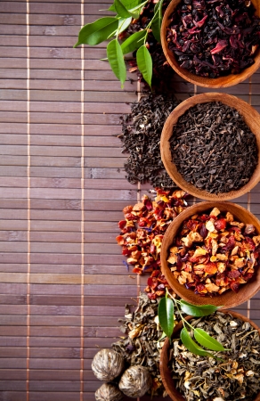 Dry tea in bowls shot from upper viewの写真素材