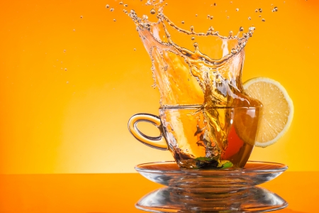 Cup of tea on glassの写真素材