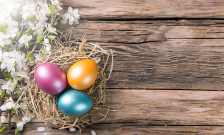 Spring white blossoms on wooden planks surface with colored easter eggs