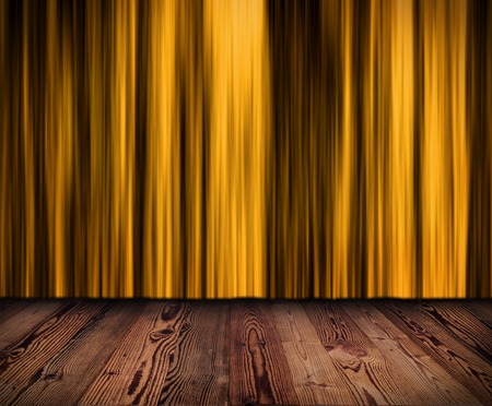 Theater or cinema dark golden curtain with wooden planks floorの写真素材