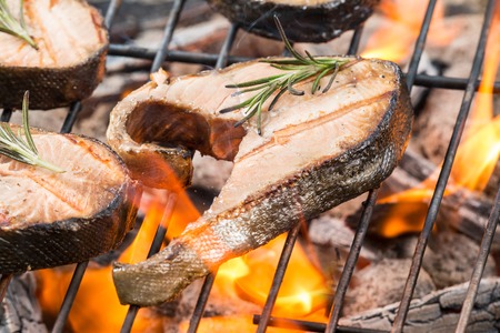 Delicious grilled salmon steaks on fireの写真素材