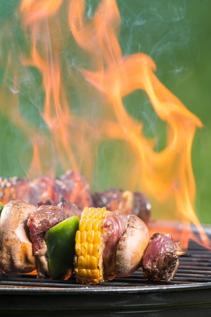 Meat and vegetable skewer on barbecue grill with fireの写真素材