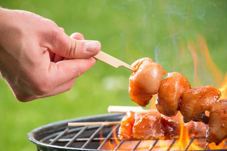 Delicious grilled chicken skewers on fireの写真素材