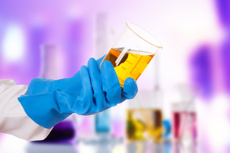 Hand holding chemical liquid in glass flask in laboratory