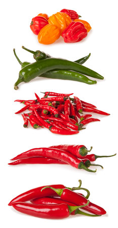 Isolated piles of various kind of chilli peppers isolated on white background