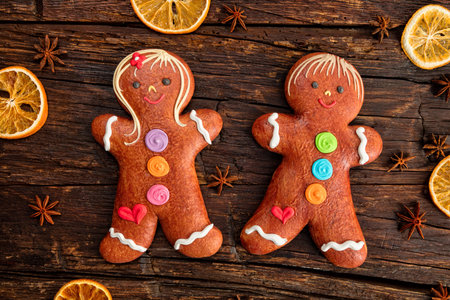 Christmas homemade gingerbread cookies on wooden table