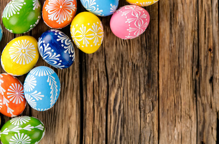 Colorful easter eggs placed on wooden background