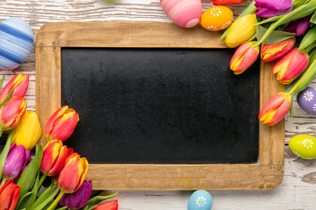 Colorful easter eggs and tulips with blank blackboard for text