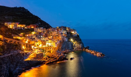 Old village Manarola, Cinque Terre coast, Italy. Beautiful sunset viewの写真素材