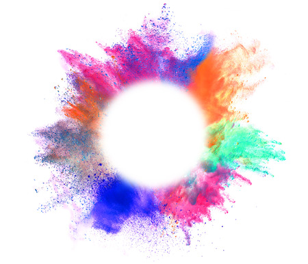 Explosion of colored powder with empty space for text, isolated on white background