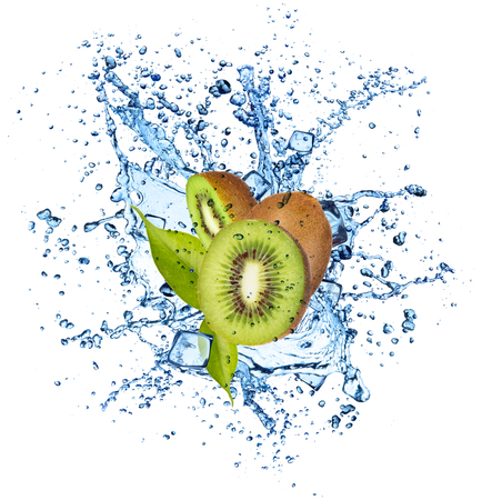 Pieces of kiwi in water splash and ice cubes, isolated on white backgroundの写真素材