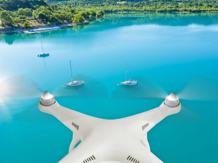 Drone flying above group of yacht anchoring next to lake shoreの写真素材