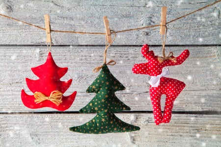 Christmas decoration placed on wooden planks. Copyspace for textの写真素材