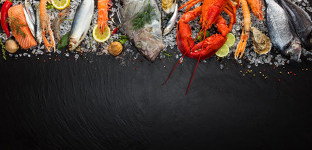 Whole lobster with seafood, crab, mussels, prawns, fish, salmon steak, mackerel and other shells...