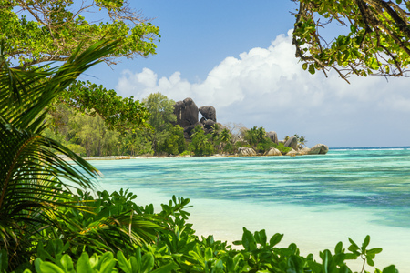 Beautiful panoramic view of beach in Seychelles, island La Digue, Anse Source d'Argent. Vacation and travel paradiseの写真素材