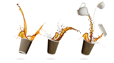 Take away cups with splashing coffee liquid isolated on white background. Hot drink with splash, beverages and refreshment. Very high resolution image