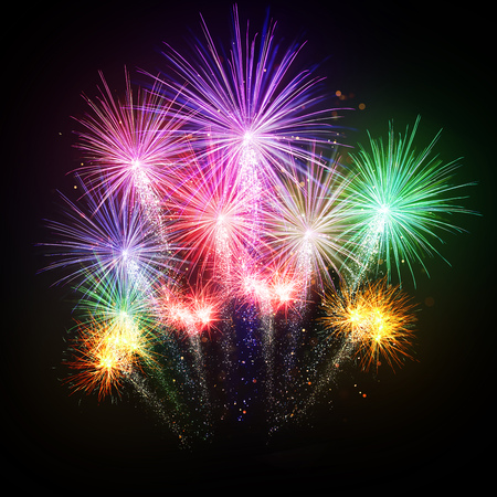 Fireworks explosions isolated on black background. Free space for text. Celebration and success concept. Very high resolution imageの写真素材