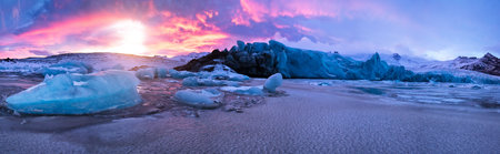 Beautiful iceberg lagoon in fjallsarlon with frozen floes, winter panoramic landscape in high...