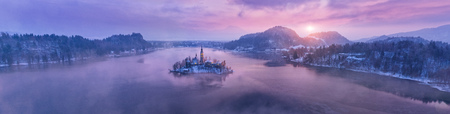 Aerial view of Bled lake in sunrise light, beautiful island with old church. Sloveniaの写真素材