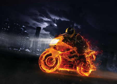 Super-sport fire motorbike with skyscrapers on background. Wallpaper motive with fast motorcycle in dramatic dark scene.の写真素材