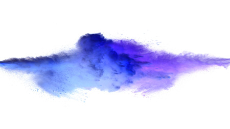 Collision of colored powder isolated on white background. Abstract colored backgroundの写真素材