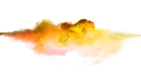 Collision of colored powder isolated on white background. Abstract colored backgroundの写真素材