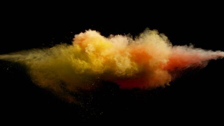 Collision of colored powder isolated on black background. Abstract colored backgroundの写真素材