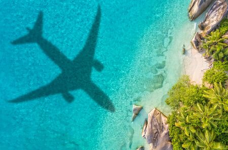 Travel concept with airplane shadow and tropical beach. Tropical paradise and beach holiday conceptual image.の写真素材