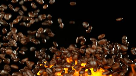 Fresh roasted coffee beans flying in the air in flames, isolated on black backgroundの写真素材