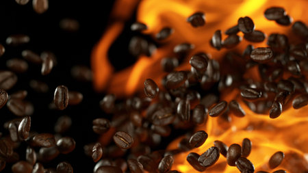 Fresh roasted coffee beans flying in the air in flames, isolated on black background